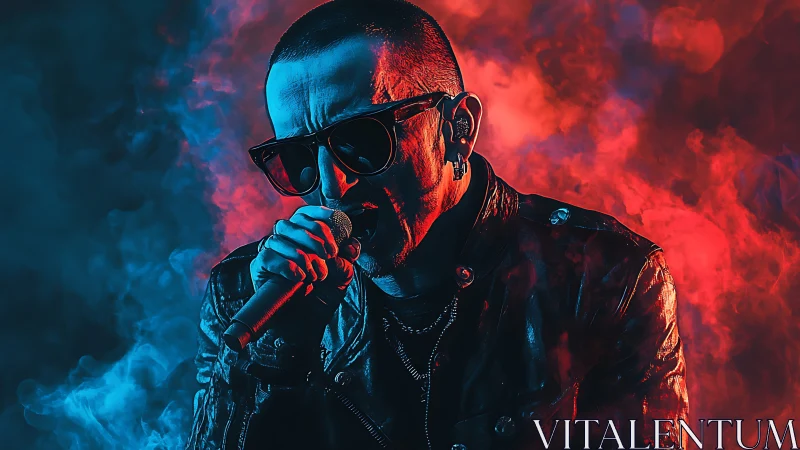 Male vocalist performs under contrasting red and blue lighting