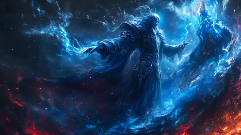 Celestial mage commands swirling blue cosmic energy field.