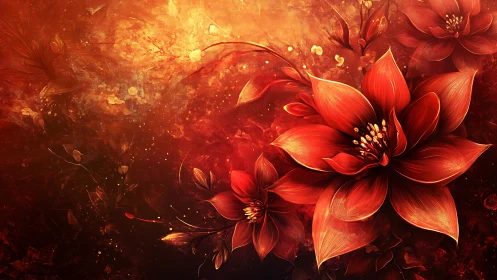 Embers in Bloom, Glowing Scarlet Flowers in Warm Light.