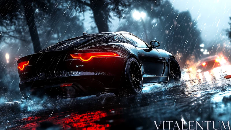 High-gloss sports coupe under dynamic rain with reflective road