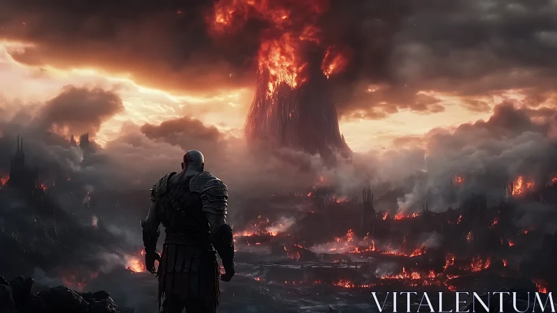 Armored warrior faces burning volcanic hellscape at dusk.