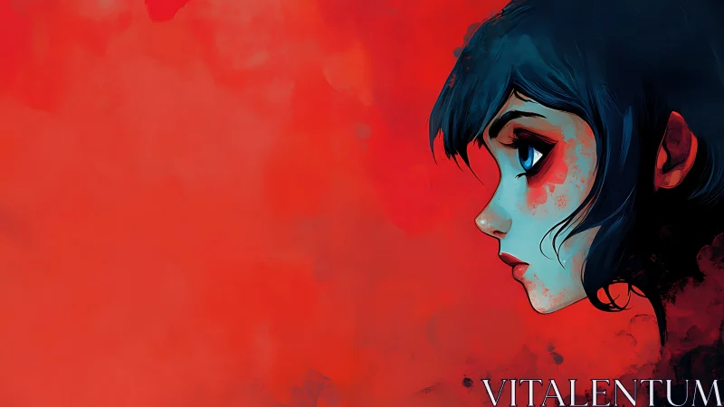 Chromatic profile study of blue-haired girl on red field.