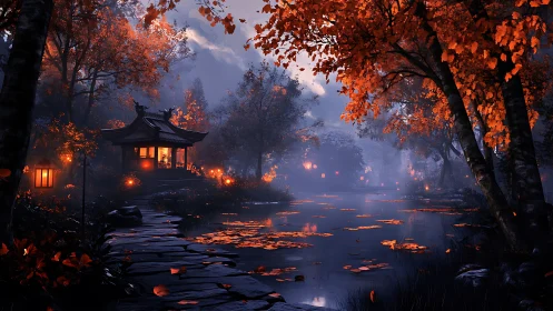 Autumn lanterns glow over misty lakeside Japanese pavilion