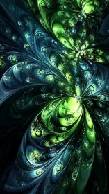 Luminous green fractal blooms spiral through a cosmic night