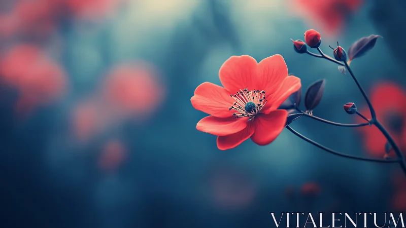 Coral Blossom Against Teal Bokeh.