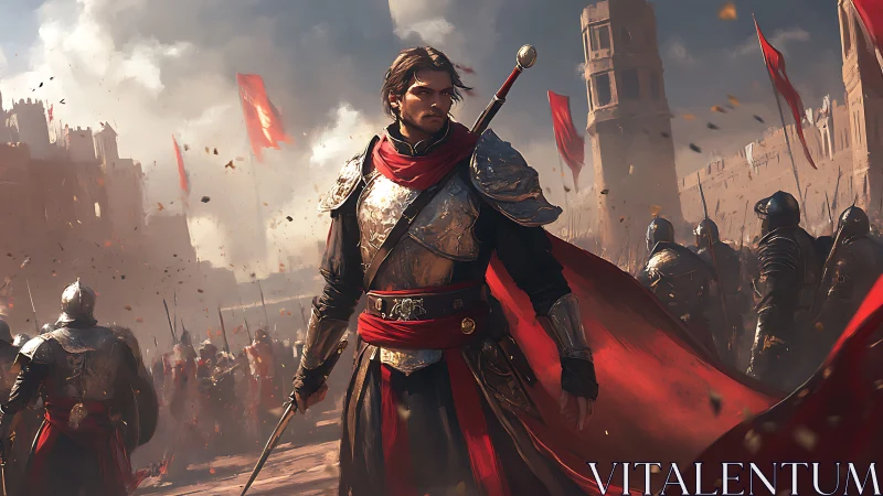Heroic knight in scarlet cloak leading a rising army.