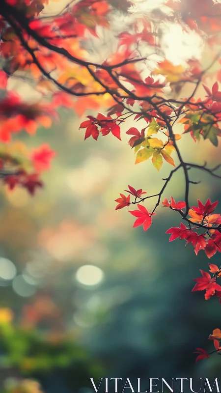 Red autumn leaves on branch against soft blurred background.