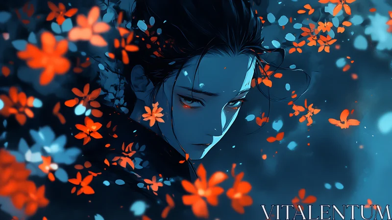 Blue toned character portrait with floating red flowers.