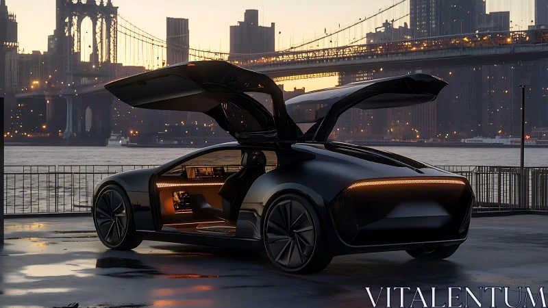 Electric gullwing concept coupe under bridge at dusk, interior illuminated