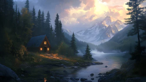 Remote forest cabin by mountain lake at soft sunset light.