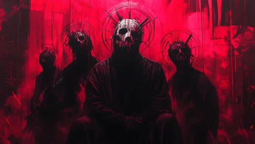 Masked figures in red-lit chamber with spiked halos.