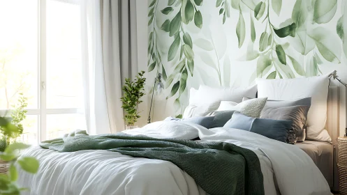Scandi botanical bedroom interior with layered textile styling.