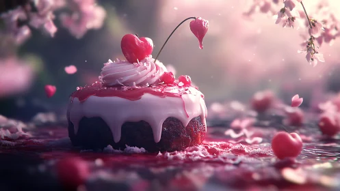 Anthropomorphic Pastry with Heart-Shaped Cherries and Translucent Glaze.