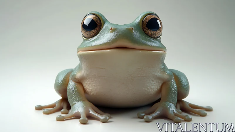 Close frontal view of stylized green frog on plain background.
