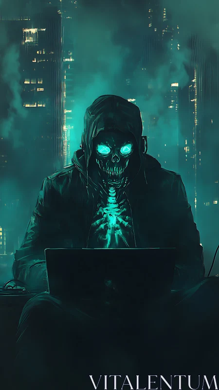 Cyberpunk skeletal hacker in neon-lit monolithic cityscape.