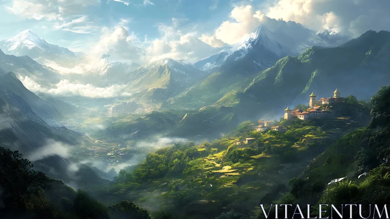 Mountain valley landscape with distant village in sun.