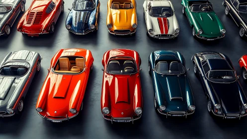Vintage sports car collection in vivid showroom lineup.