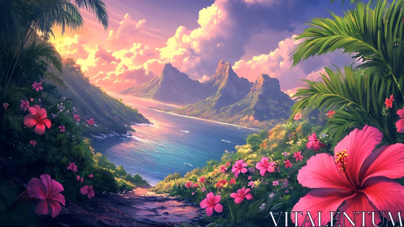 Tropical Paradise Vista: Digital Rendering of Mountainous Coastal Landscape with Vibrant Floral Fore