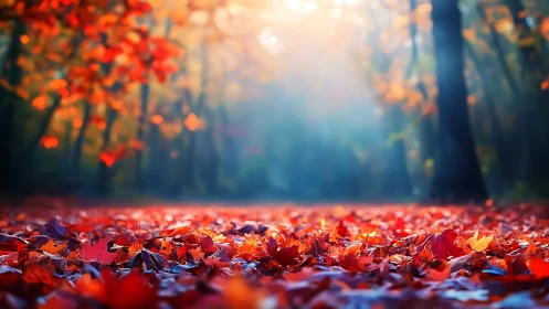 Sunlit autumn forest carpet glowing with crimson leaves.