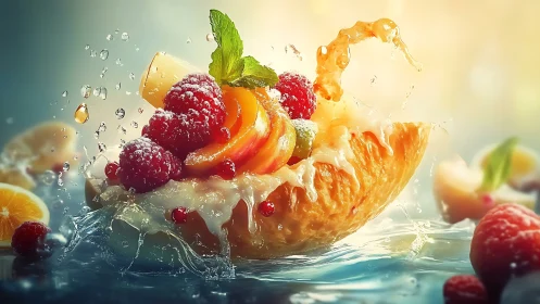 High-speed macro splash of glazed fruit bowl in motion capture