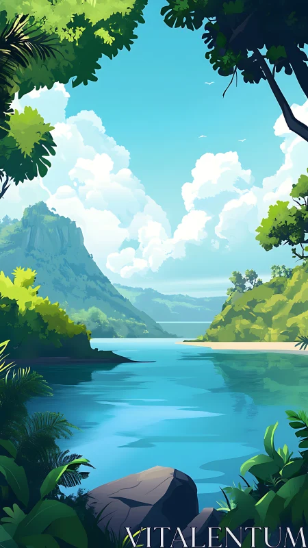 Tranquil Mountain Lake Framed by Lush Tropical Vegetation and Sky
