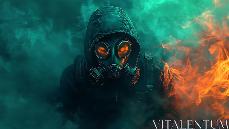 Hooded survivor in gas mask prowls through toxic neon fire