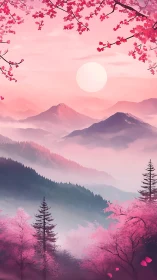 Pink mountain valley landscape shows stylized sunrise scene