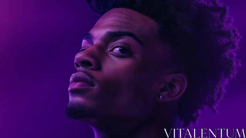 Purple-gelled studio portrait with dramatic upward gaze.