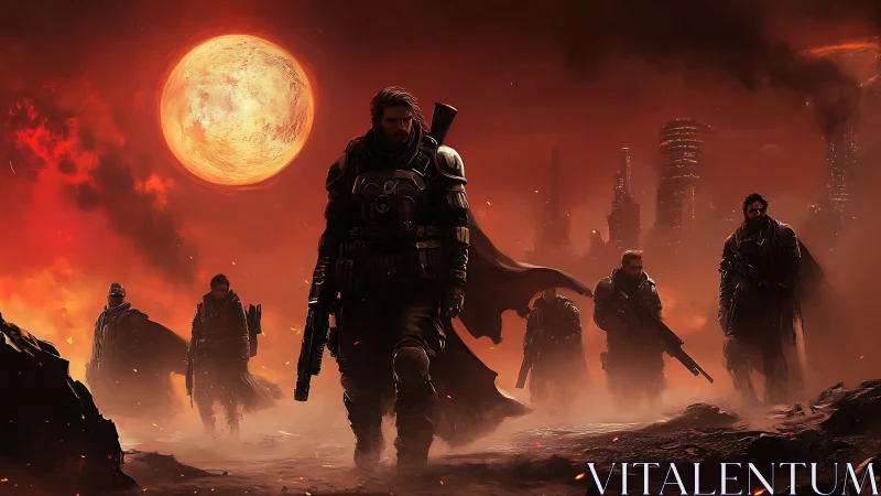 Armored figures traverse a red-tinged wasteland before city