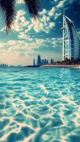 Coastal high‑rise skyline with refractive turquoise shallows.