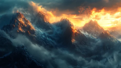 Sunlit storm over glacial peaks in cinematic relief.