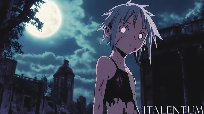 Haunted anime child under full moon in ruined gothic courtyard
