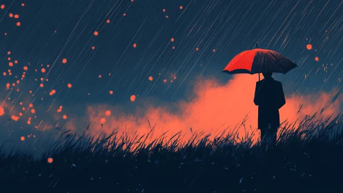 Silhouette stands in rain under red umbrella on dark field.