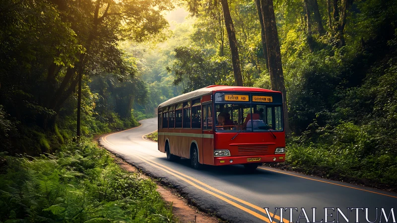 Red regional bus on winding forest highway in daylight scene.