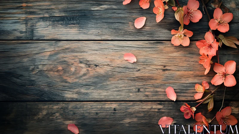 Soft coral blossoms resting on rustic wooden planks.