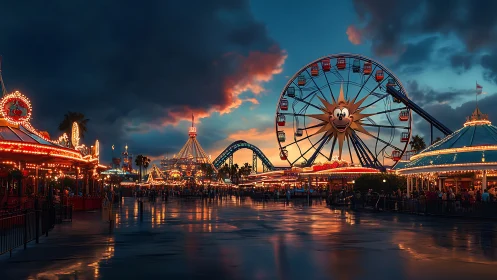 Twilight carnival glow over a joyful boardwalk wonderland.