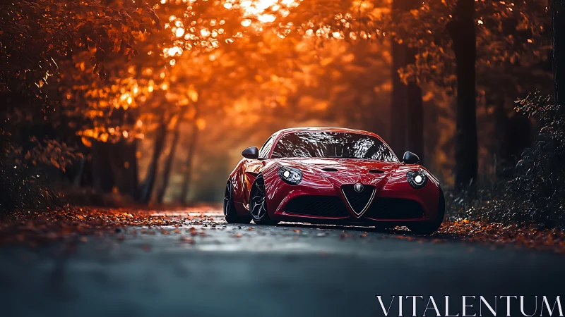 Red sports car glows against a dramatic autumn forest road