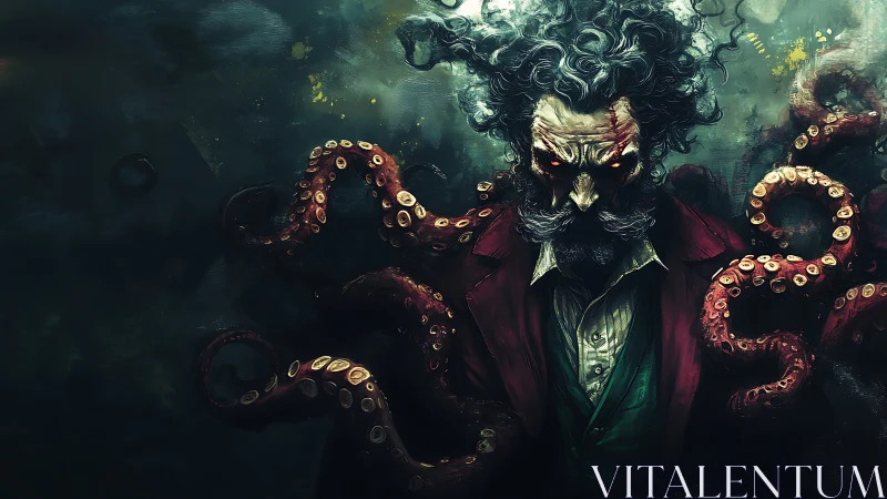 Eldritch gentleman engulfed by luminescent octopus tentacles