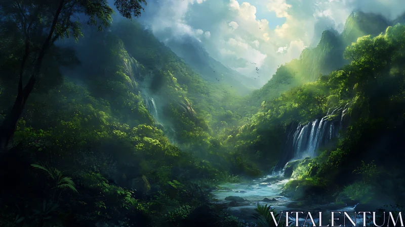 Mountain Valley with Cascading Waterfall and Misty Vegetation
