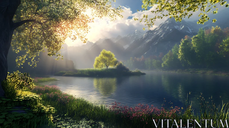 Sunlit alpine lake with glowing tree and misty peaks.