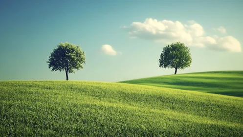 Serene twin trees stand over rolling sunlit green hills