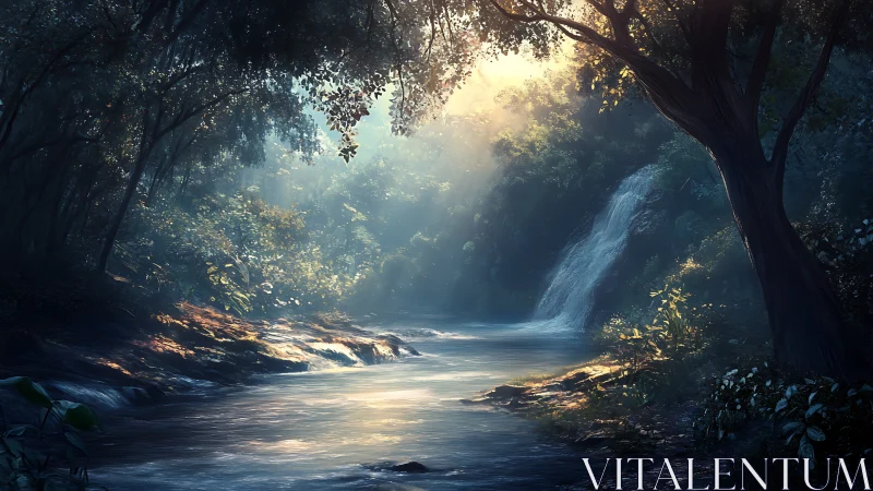 Luminescent Forest Stream with Volumetric Light Cascades.