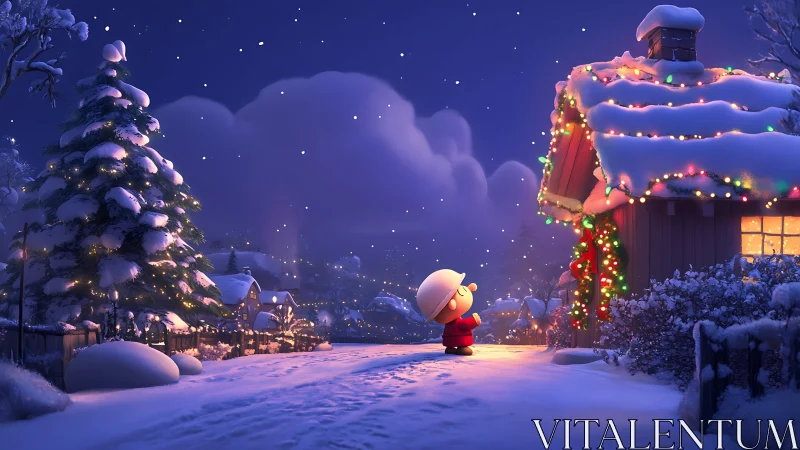 Snow-covered village street with illuminated house facade.