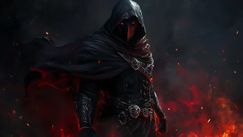Hooded armored figure stands amid red embers and smoke