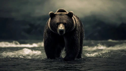 Majestic brown bear strides through misty river waters