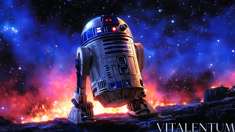 Lone astro-droid tilts skyward over a burning alien horizon