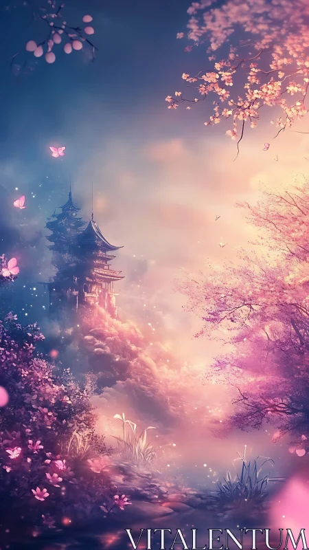 Enchanted sakura valley framing a distant celestial pagoda.