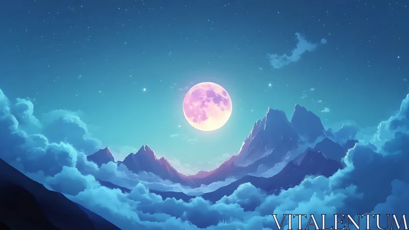 Luminous magenta moon above stylized alpine cloud sea at night
