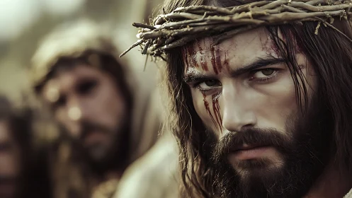 Close-up portrait of wounded man in thorn crown under shallow focus
