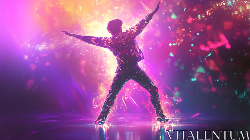 Silhouetted dancer explodes through neon light and color field